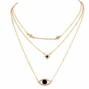 Gold Tone Boho Crystal Star Evil Eye Necklace